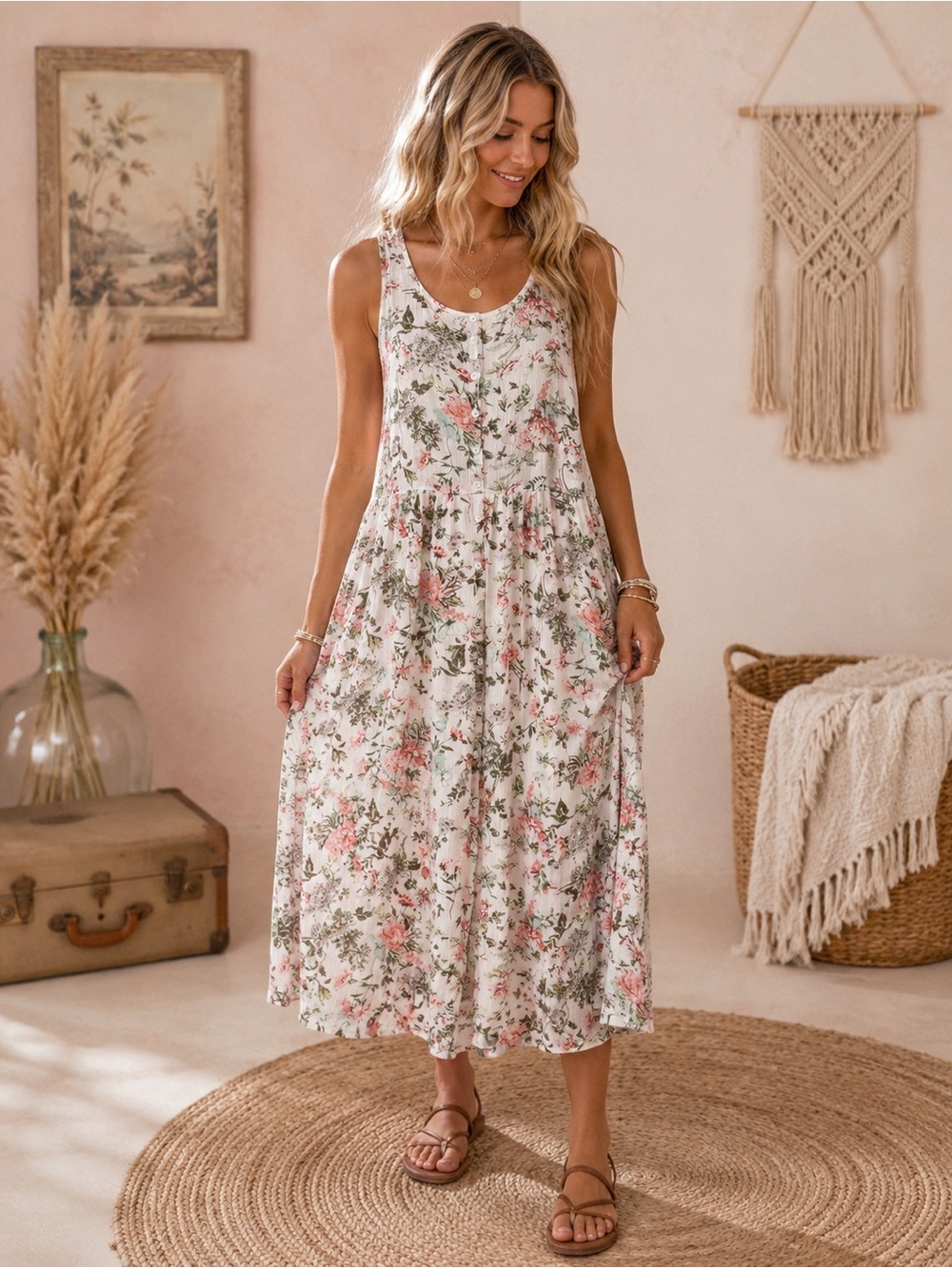 Frye White Midi Dress with Pink and Green Floral Print
